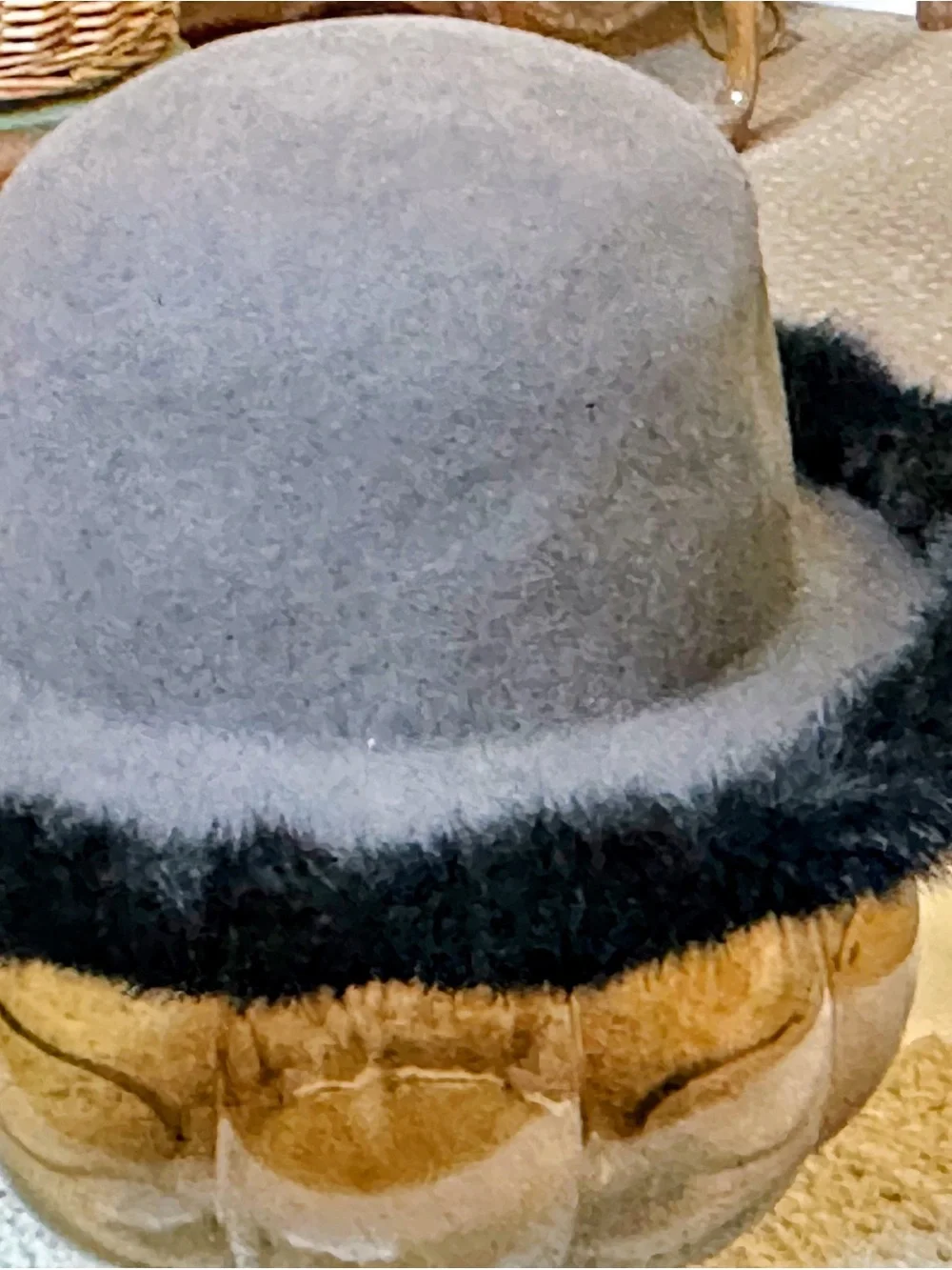dennis basso Gray Wool Cloche Hat with Black Fur Trim